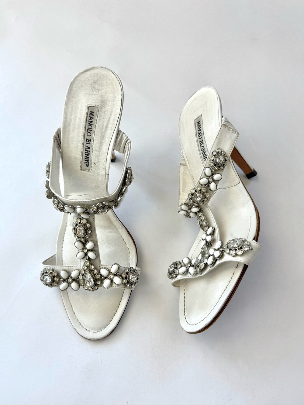 Manolo Blahnik White Jeweled Wedding Heels